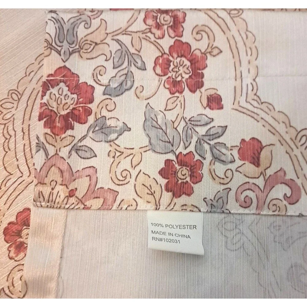Jacobean Floral Curtain Panel Lotus Flower White Red Satiny Cottage Boho 86x50